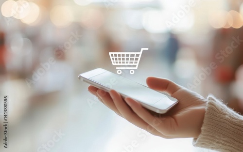 Hand Holding Smartphone with Shopping Cart Icon Above It Blurred Shopping Mall Background