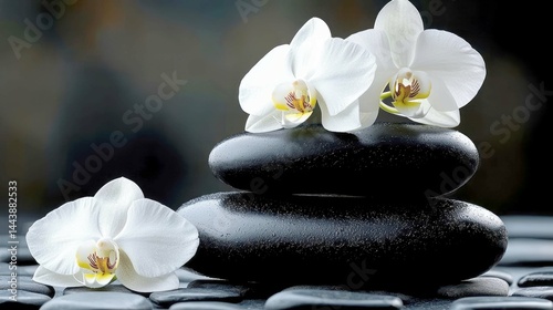 Serene White Orchids and Black Stones: Zen Garden Photography