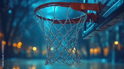 Night basketball hoop, close-up photo