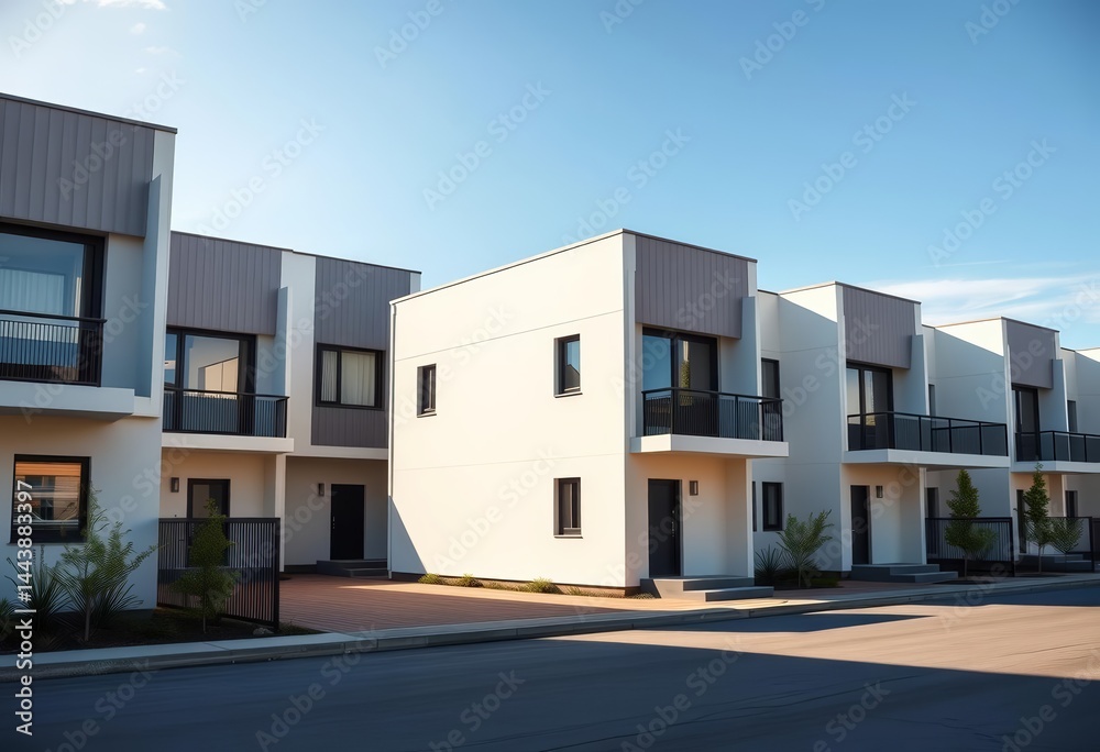 Modern modular townhouses, minimalist exterior, sunlight, empty space, clouds, door Modern modular townhouses, minimalist exterior, sunlight, empty space, clouds, door