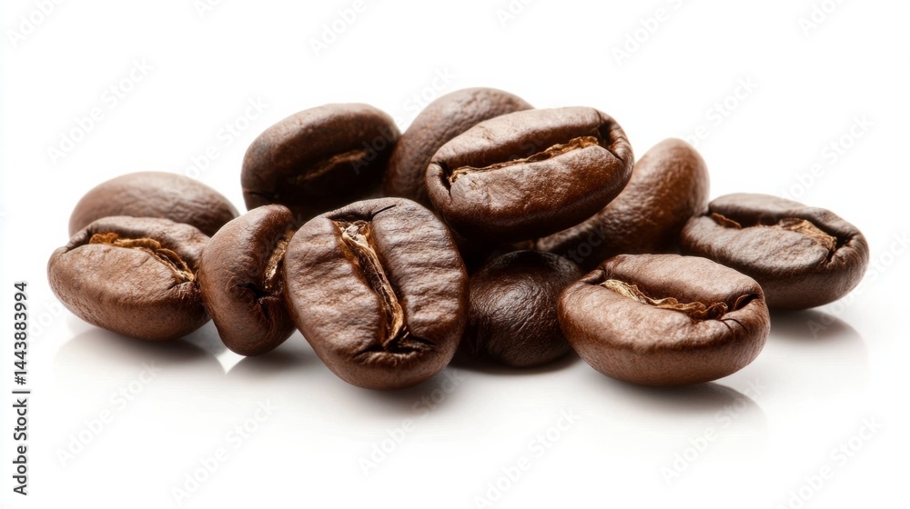 Naklejka premium Coffee beans scattered on a white background, minimal studio lighting generative ai