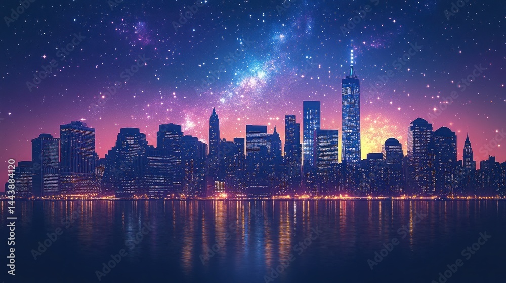 Fototapeta premium Night city skyline with starry sky