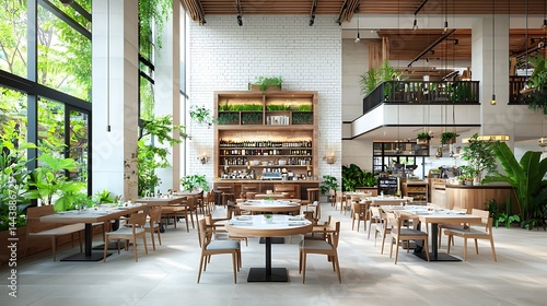 Modern, bright restaurant with plants and high ceilings