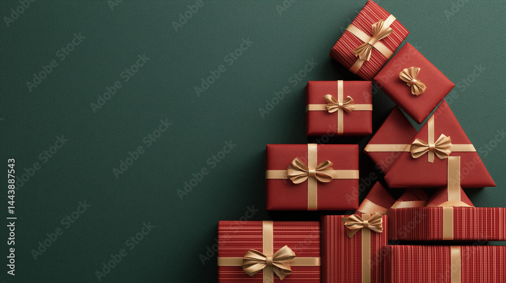 Fototapeta premium Christmas tree made of red gift boxes with golden ribbons