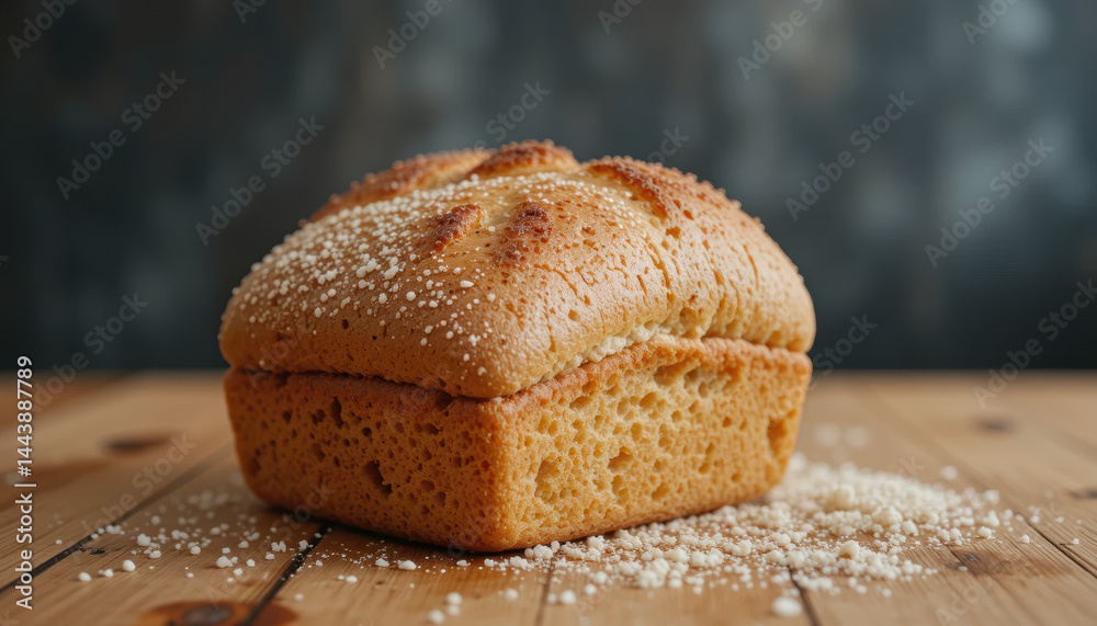 Freshly baked bread loaf with golden crust, sprinkled with flour, resting on wooden table, evoking warmth and comfort