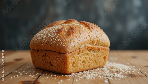 Obraz na płótnie Freshly baked bread loaf with golden crust, sprinkled with flour, resting on wooden table, evoking warmth and comfort w salonie