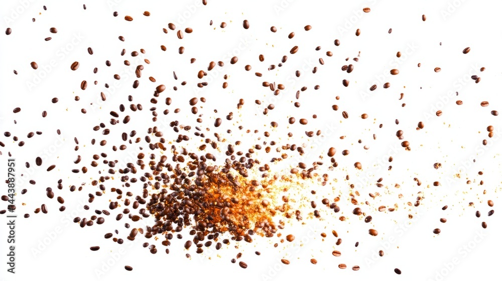 Coffee explosion with flying beans, isolated on white, generative ai Coffee explosion with flying beans, isolated on white, generative ai