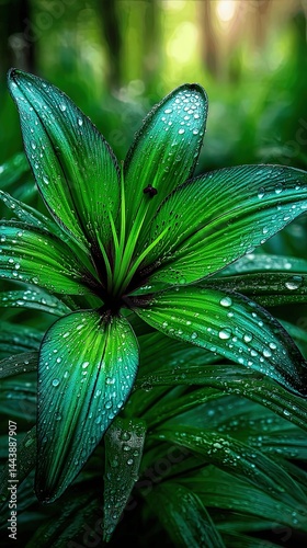 Stunning Vibrant Green Leaves with Morning Dew Droplets Nature Macro Closeup Photography Fresh Greenery Botanical Garden Background Spring Natural Scenery Wallpaper