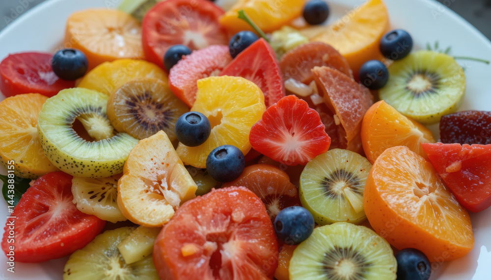 Fresh fruit salad featuring vibrant slices of strawberries, oranges, kiwis, and blueberries, creating colorful and healthy