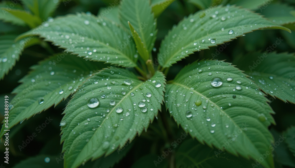 Lush green leaves adorned with droplets of water create refreshing and vibrant scene, showcasing nature beauty