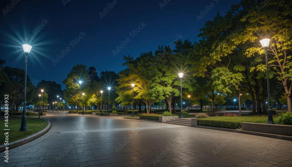 Serene night scene in park with illuminated pathways and lush trees, creating peaceful atmosphere
