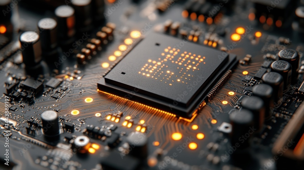 Illuminated Microchip: A Close-Up View of Modern Technology's Core Illuminated Microchip: A Close-Up View of Modern Technology's Core