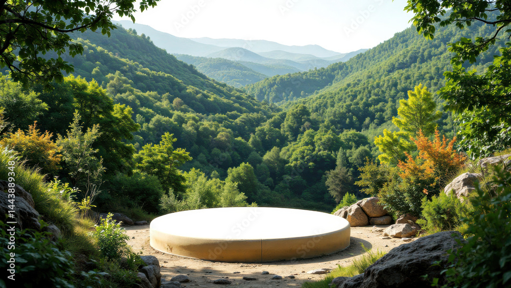 Serene circular platform surrounded by lush green mountains and trees, creating peaceful natural setting