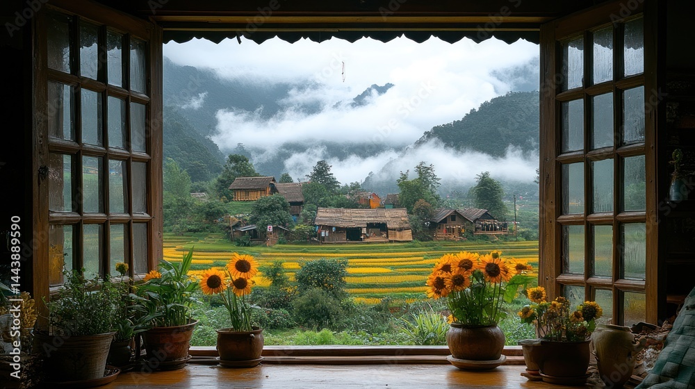 Fototapeta premium Mountain Village View from a Rustic Window