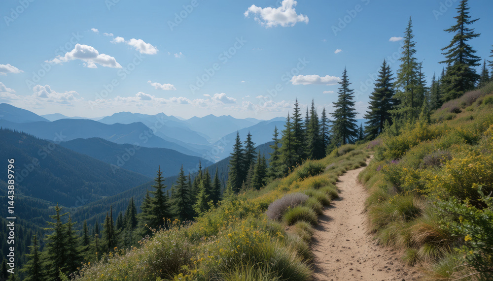 Scenic mountain trail surrounded by lush greenery and vibrant wildflowers, leading through picturesque landscape
