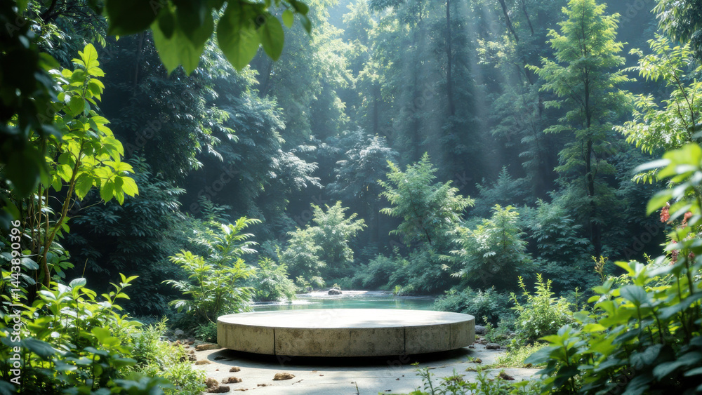 Serene circular platform surrounded by lush greenery and tranquil water body, illuminated by soft sunlight filtering through