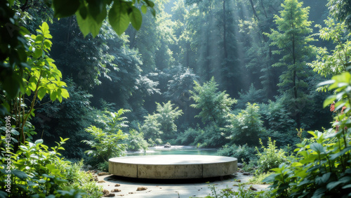 Obraz na płótnie Serene circular platform surrounded by lush greenery and tranquil water body, illuminated by soft sunlight filtering through w salonie