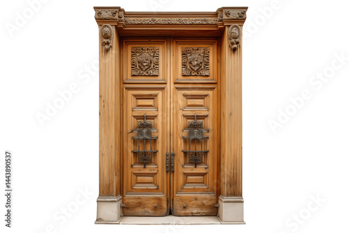 Ornate Wooden Double Door With Intricate Carvings And Metal Accents isolated on transparent background 
