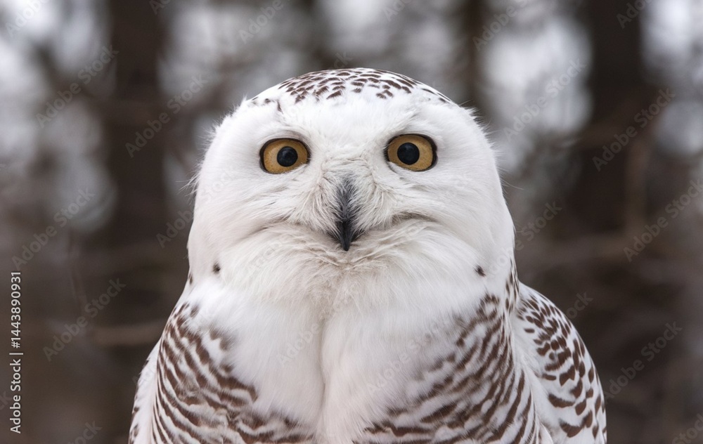 Obraz premium A close-up shot of a snowy owl with its eyes wide open and looking directly at the camera