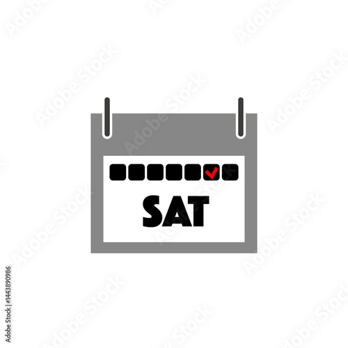 Saturday calendar icon. Sat label vector. Red checkbox shape. End week symbol.