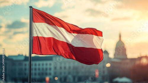 The red and white flag of Austria waving on the flagpole against the sunset landscape of the old town