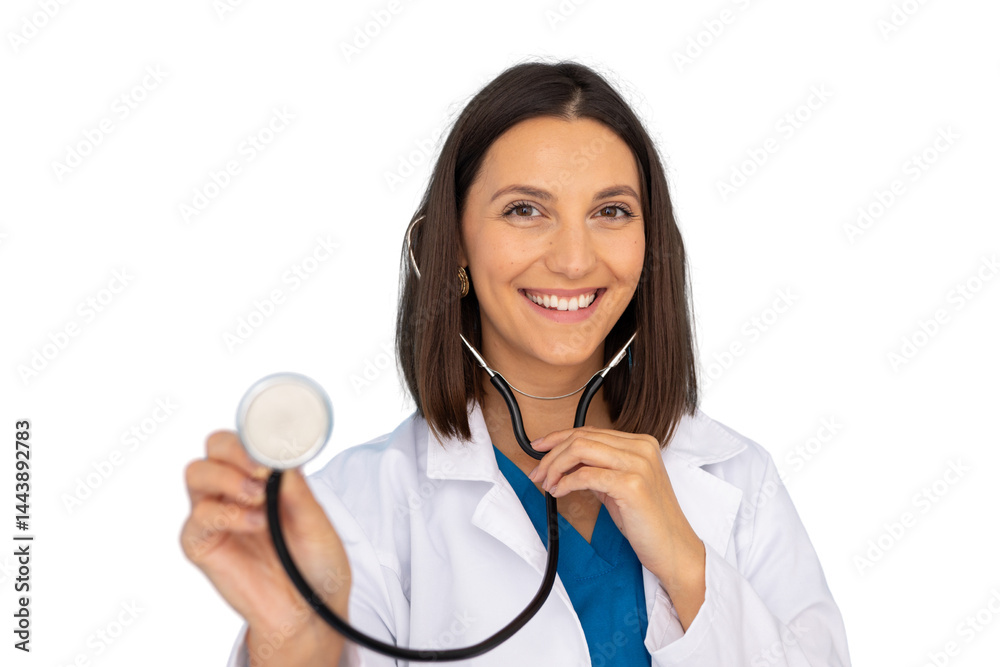 Female doctor smiling and holding a stethoscope on a transparent background Female doctor smiling and holding a stethoscope on a transparent background