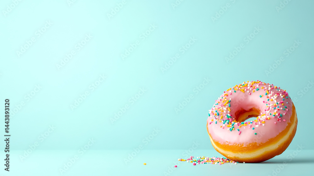 A pink frosted donut with colorful sprinkles sits on a light blue background, creating a playful and appetizing scene. A pink frosted donut with colorful sprinkles sits on a light blue background, creating a playful and appetizing scene.