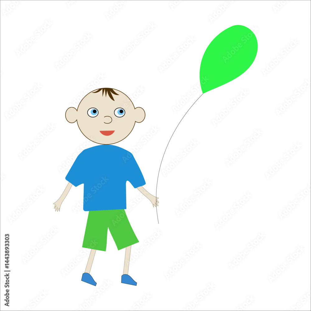 Boy holding balloon. Green floating shape. Child cartoon figure. Vector party moment. Boy holding balloon. Green floating shape. Child cartoon figure. Vector party moment.