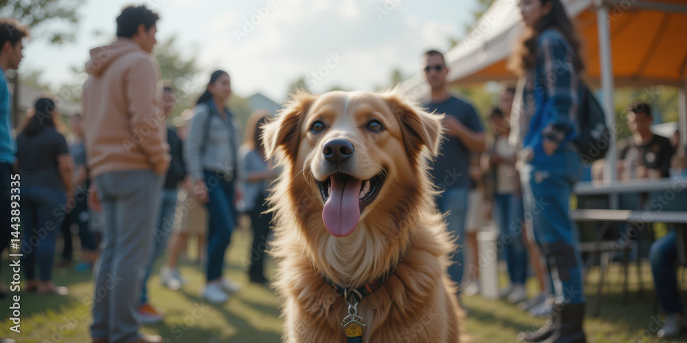 Happy golden retriever dog stands in park surrounded by people enjoying sunny day. joyful atmosphere is evident