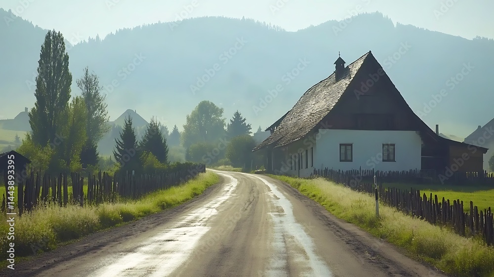 Fototapeta premium Serene Countryside Road Winding Past a Traditional Farmhouse