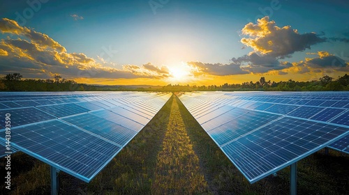 Sunset over a Solar Panel Field: Clean Energy