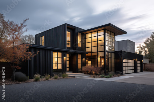 Minimal design home exterior with glass, and wood accents