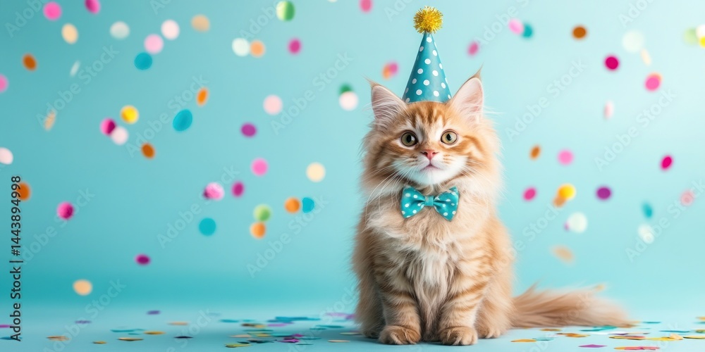 Fototapeta premium Adorable Kitten Celebrates Birthday With Confetti