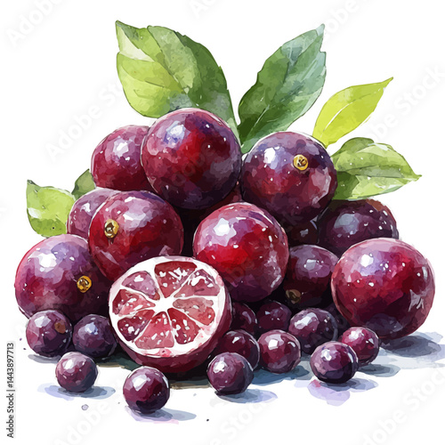Indian Gooseberry Sliced, vector watercolor illustration, isolated on a white background.
