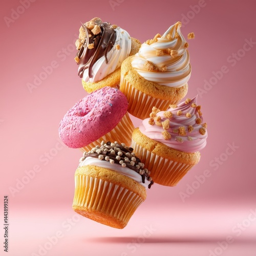 A delightful assortment of cupcakes and a donut in mid-air.