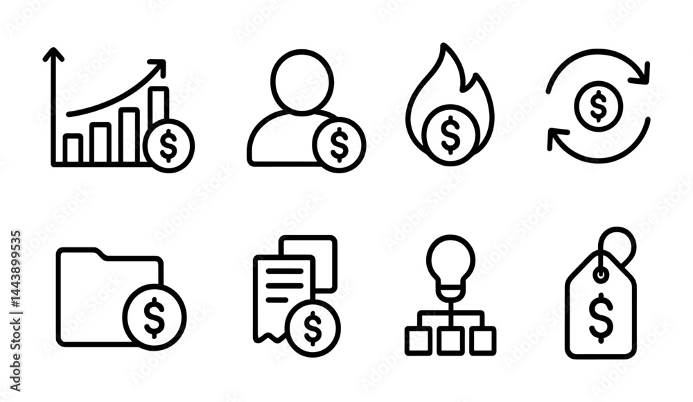 Financial management outline icons set – line style banking, investment, and budget symbols for business strategy: growth chart, user, budget, cash flow, folder, invoice, strategy, price tag. Financial management outline icons set – line style banking, investment, and budget symbols for business strategy: growth chart, user, budget, cash flow, folder, invoice, strategy, price tag.