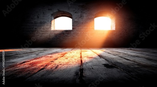 Sunlit Rustic Room  Arch Windows  Old Wood Floor  Brick Wall Interior Design