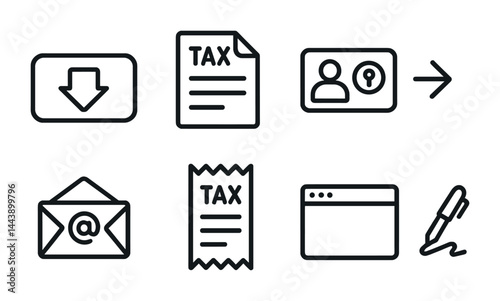 Finance and taxation icon set – outline style for budgeting, accounting, and compliance: download, tax document, identification, email, receipt, signature