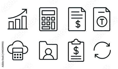 Business and finance line icons set - outline style for financial planning: graph, calculator, invoice, contract, cloud service, folder, clipboard, sync.