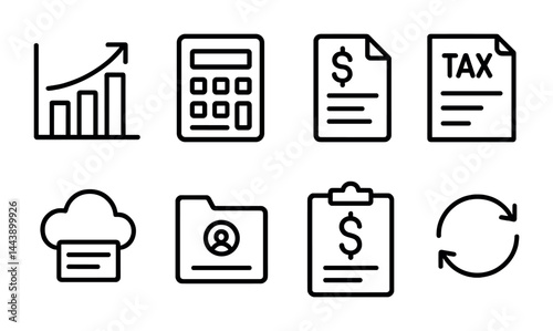 Finance and accounting outline icons set – linear style budget, audit, and tax tools for financial management: graph, calculator, invoice, tax form, cloud, folder, clipboard, sync.