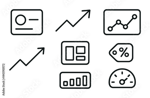 Business analytics linear icons set – outline style data, charts, and metrics symbols for performance tracking: dashboard, growth chart, data tag, gauge, percentage.