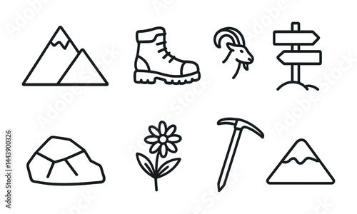 Mountain hiking and adventure outline icons set – linear style trekking, outdoor, and exploration symbols: mountain, boot, goat, signpost, rock, flower, ice axe, peak.
