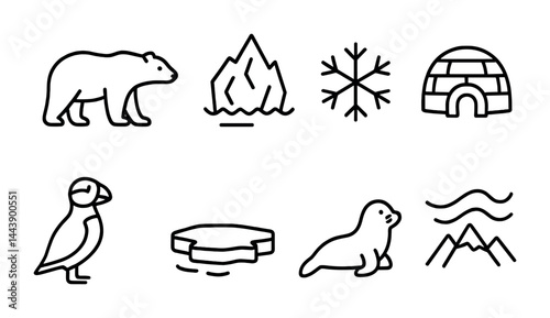 Arctic wildlife and nature outline icons – line style polar animals and habitats for environment projects: bear, iceberg, snowflake, igloo, puffin, ice floe, seal, mountains.