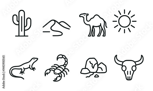 Desert safari outline icons set – linear style symbols for adventure, wildlife, and nature exploration: cactus, sand dunes, camel, sun, lizard, scorpion, rocks, skull.