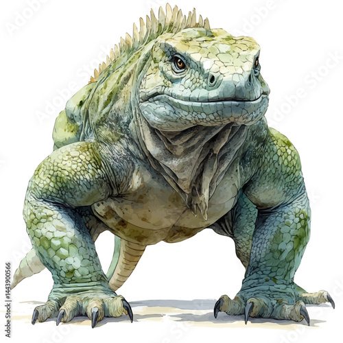 watercolor of Iguana-like Creature In The Mesozoic Jungle, vector, isolated on a white background.