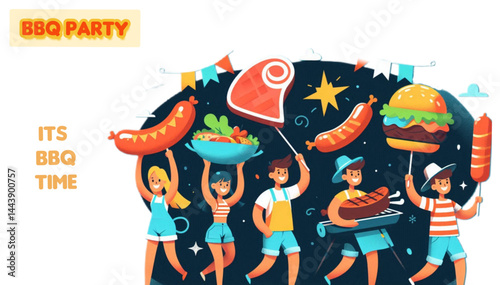 Simple and vibrant vector illustration showing happy people carrying giant barbecue foods such as sausages, meat skewers, and steak.