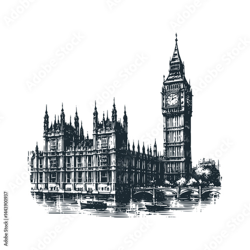 Building with clock tower – Black and White Icon Vector and Illustration