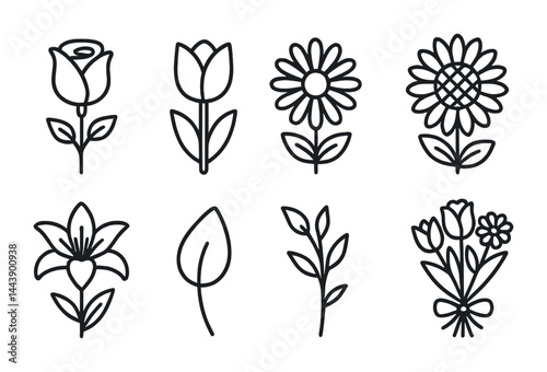 Botanical outline icons set – linear nature, floral, and plant illustrations for garden lovers: rose, tulip, daisy, sunflower, lily, leaf, branch, bouquet.