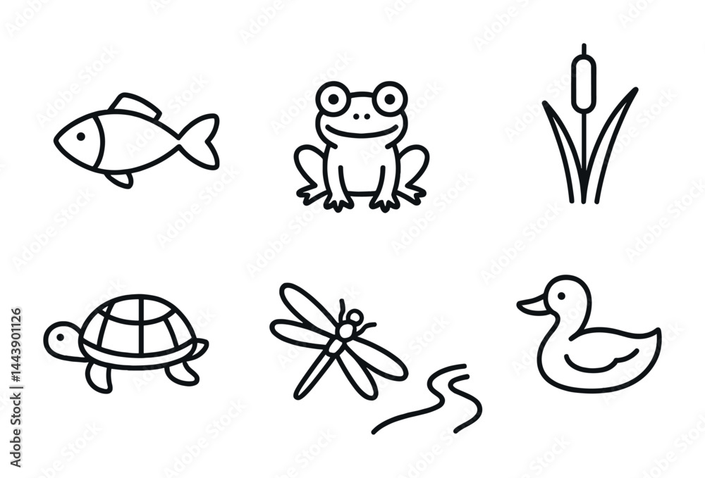 Aquatic life icon set – outline style nature and wildlife symbols for eco-friendly designs: fish, frog, cattail, turtle, dragonfly, river, duck. Aquatic life icon set – outline style nature and wildlife symbols for eco-friendly designs: fish, frog, cattail, turtle, dragonfly, river, duck.