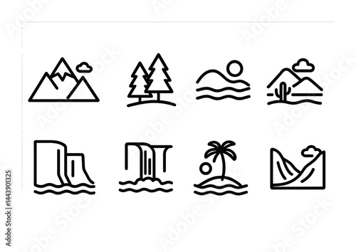 Nature landscape outline icons set – line style environment, scenery, and outdoor symbols for projects: mountains, trees, river, desert, waterfall, beach, canyon.